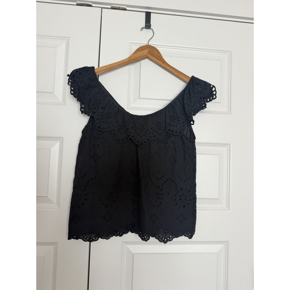 Andree by Unit Lace Blouse Scalloped Eyelet Black Cotton Shirt Top Small T11493